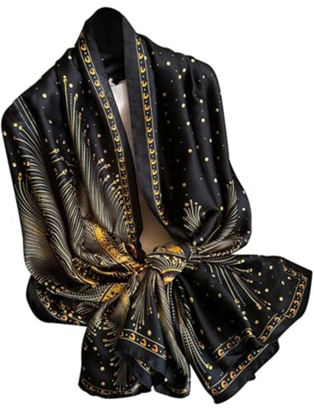 Floral Satin Long Black and Yellow Scarf Lightweight Shawl Wrap Women